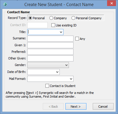 Create New Student - Contact Name window (Personal selected)