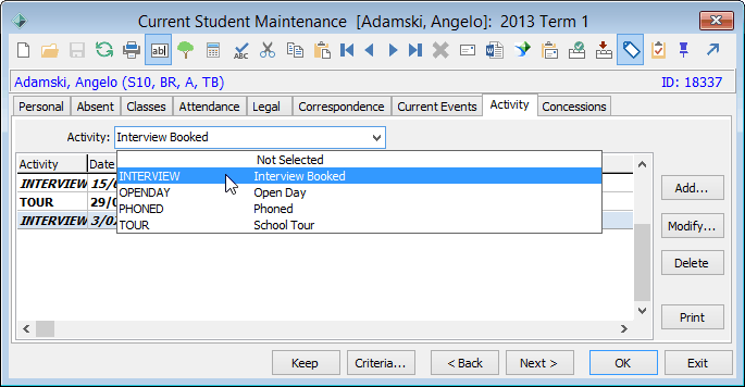 Current Student Maintenance - Activity tab (Activity field)