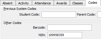 Current Student Maintenance - Codes tab (fields for roll returns)