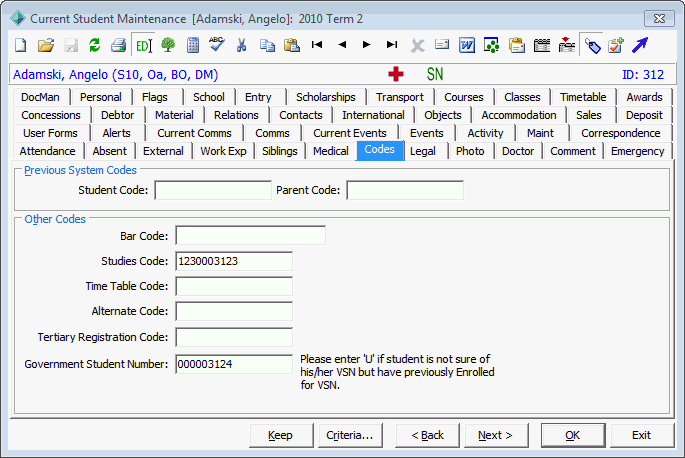 Current Student Maintenance - Codes tab