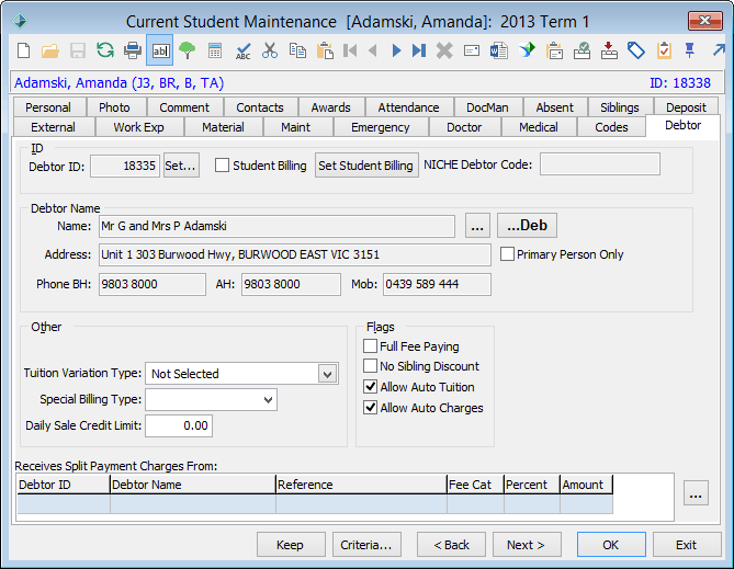 Current Student Maintenance - Debtor tab