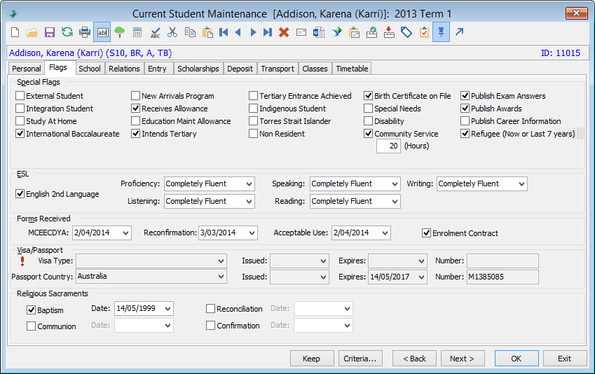 Current Student Maintenance - Flags tab