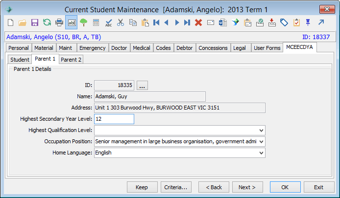Current Student Maintenance - MCEETYA tab - Parent 1 sub-tab