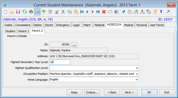 Current Student Maintenance - MCEETYA tab - Parent 2 sub-tab
