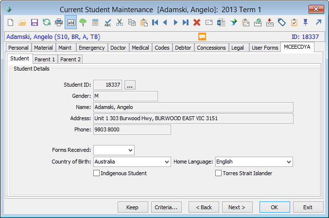 Current Student Maintenance - MCEETYA tab - Student sub-tab