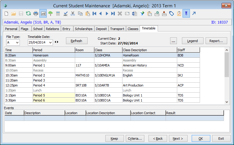 Current Student Maintenance - Timetable tab
