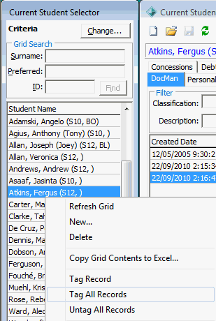 Right click menu (Current Student Selector window)
