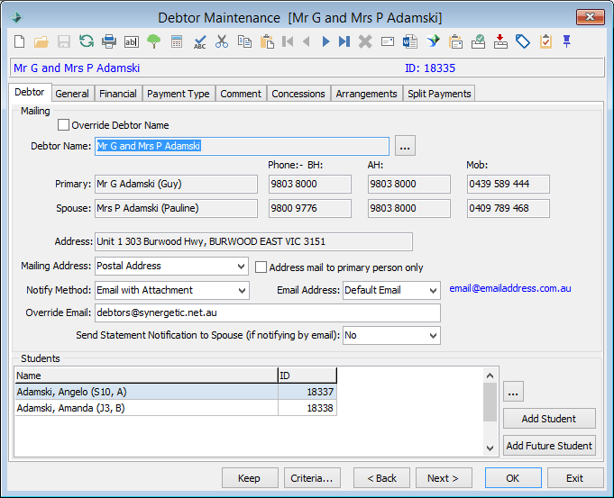 Debtor Maintenance - Debtor tab