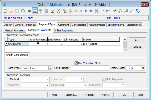 Payments tab - Automatic subtab