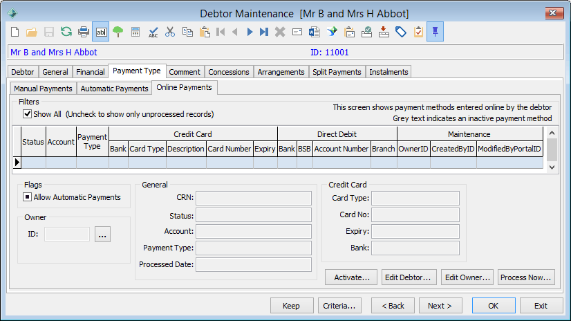 Debtor Maintenance - Payment Type tab - Online Payments sub-tab (cut down)