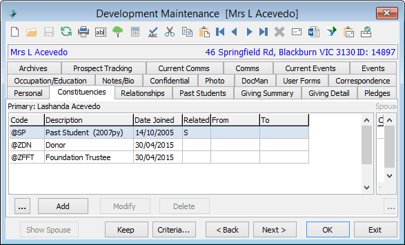 Development Maintenance - Constituencies tab