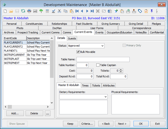 Development Maintenance - Current Events tab