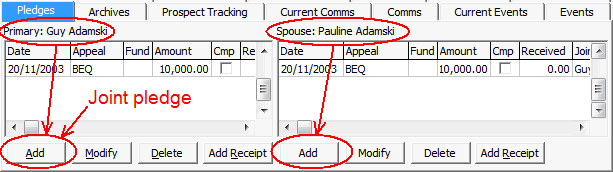 Development Maintenance - Pledges tab (cut down)