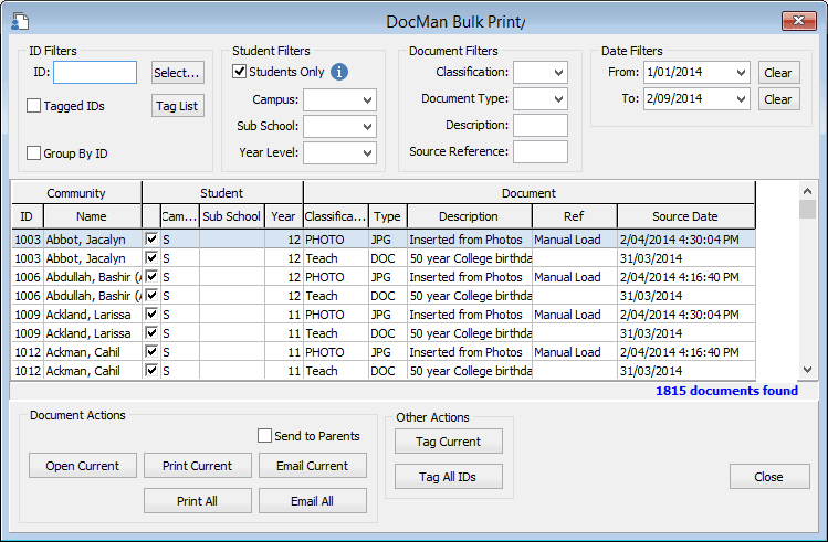 DocMan Bulk Print window (cut down)