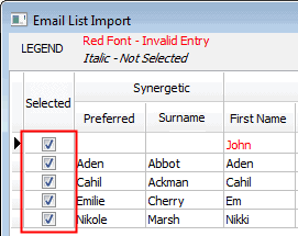 Email List Import  (cutdown, selected records highlighted)