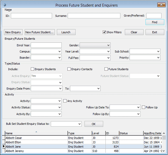 Enquiry-Future Student Maintenance (Process Future Student and Enquirers, with filters, cut down)