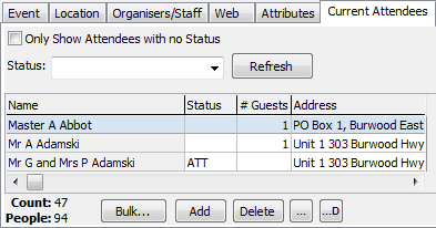 Events Maintenance - Current Attendees tab (cut down)