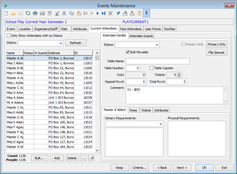 Events Maintenance - Current Attendees tab - Attendee Details sub-tab