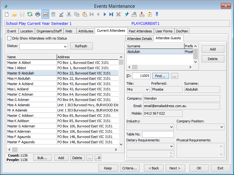 Events Maintenance - Current Attendees tab - Attendee Guests sub-tab