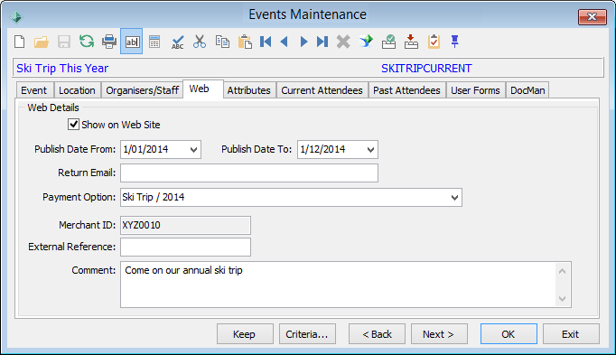 Events Maintenance - Web tab