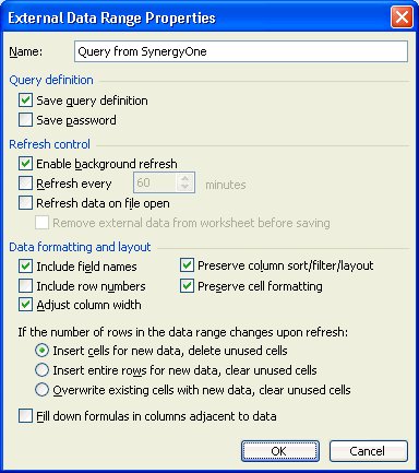 External Data Range Properties window (Microsoft Excel)