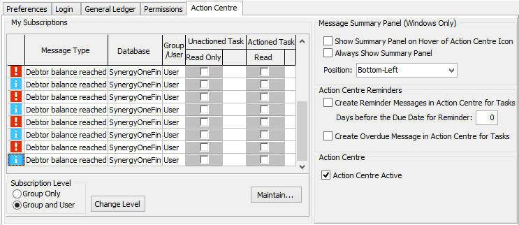 Group Security Maintenance - Users view - Action Centre tab (tab only, cut down)