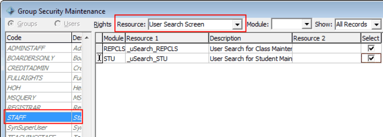 Group User Security Maintenance (User Search Screen example)