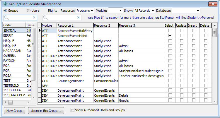 Group Security Maintenance - Groups view