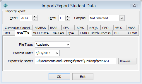 Import/Export Student Data - e-asSTTle tab
