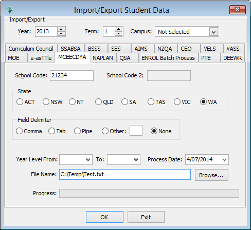 Import/Export Student Data - MCEECDYA tab