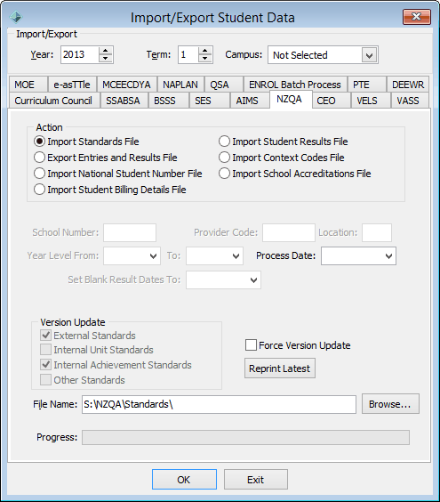 Import/Export Student Data - NZQA tab