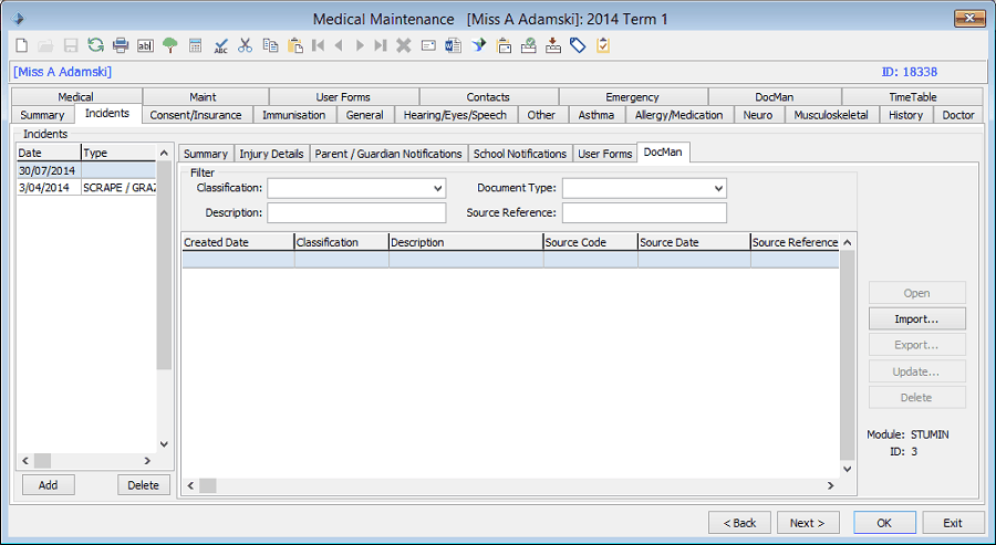 Medical Maintenance - Incidents tab - DocMan tab