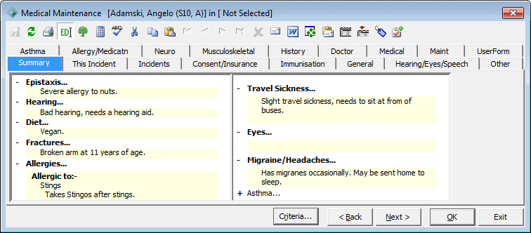 Medical Maintenance - Summary tab (cut down)