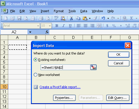 Microsoft Excel - Import Data window
