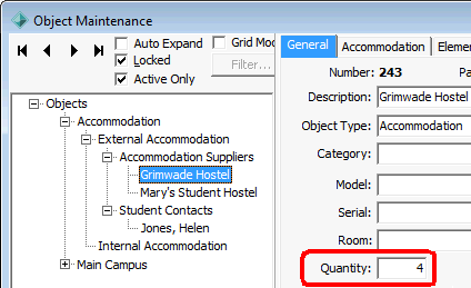 Object Maintenance - General tab (Quantity field)