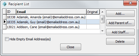 Recipient List window