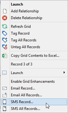 right mouse grid (SMS Record highlighted)