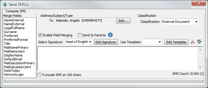 Send SMS(s) window (Angelo Adamski, Send SMS window, cut down)