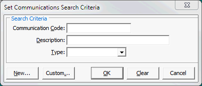 Set Communications Search Criteria window