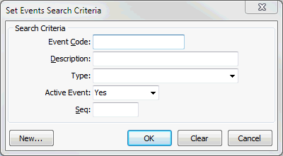Set Events Search Criteria window