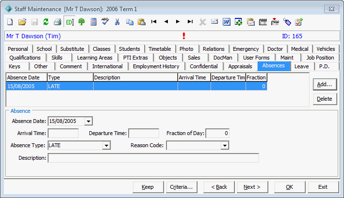 Staff Maintenance - Absences tab
