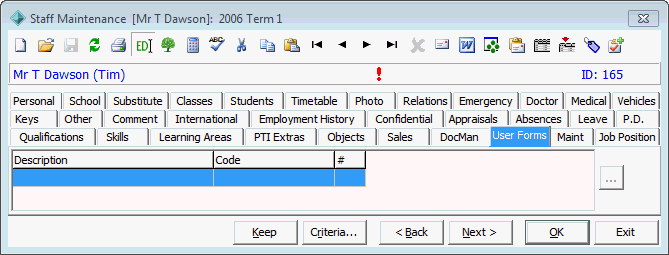Staff Maintenance - User Forms tab