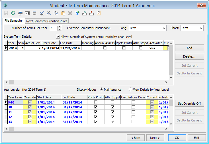 Student File Semester Maintenance - File Semester tab