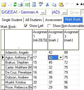 Student Results Maintenance - Mark Book tab (cut down)
