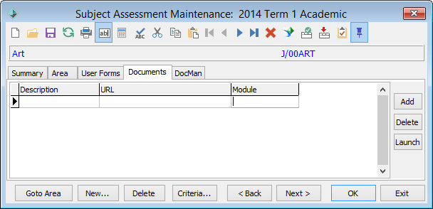 Subject Assessment Maintenance - Documents tab