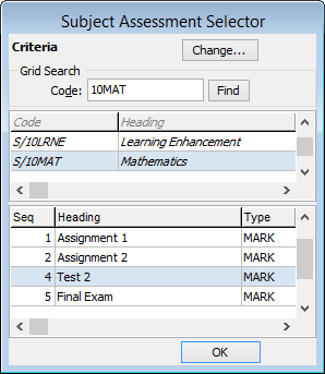 Subject Assessment Selector window (after merging)