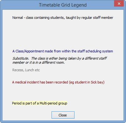 Timetable Grid Legend window