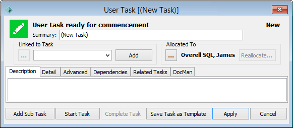 User Task - Description tab (new task)