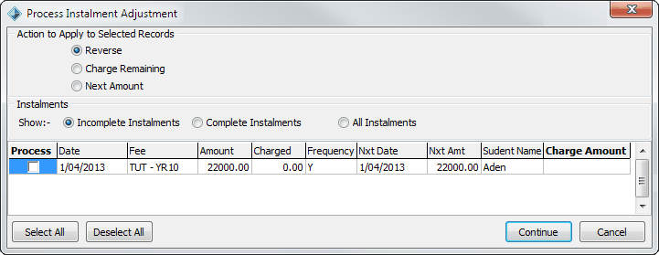 Debtor Maintenance - Instalments tab (Process Instalment Adjustment window)