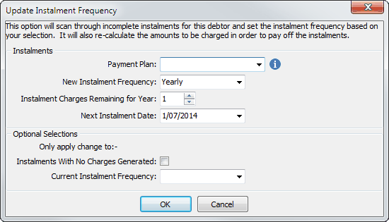 Debtor Maintenance - Instalments tab (Update instalment frequency window)
